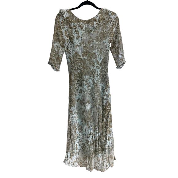 Vintage Danielle Dahan Ruffle Front Midi Dress Blue Brown 90s Women’s Size S - Picture 4 of 9